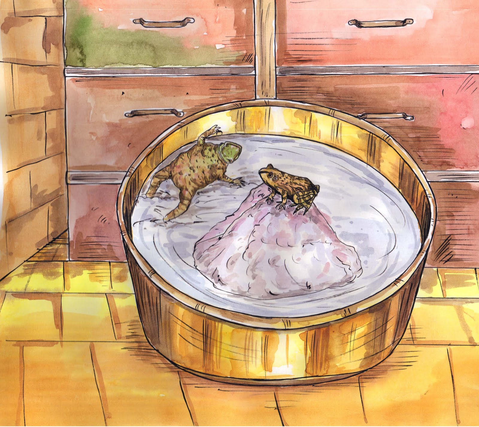 Two frogs and a bucket of milk